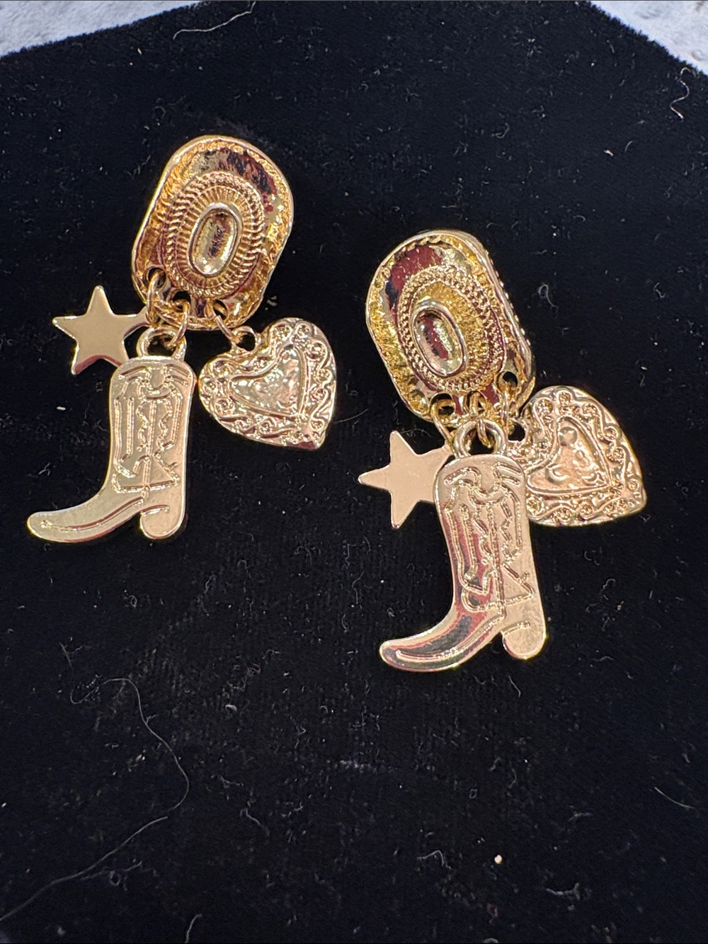 Gold Cowboy Boot, Heart & Star Dangle Earrings